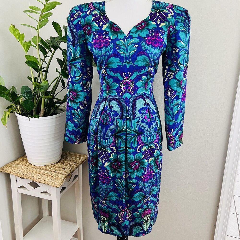 Vintage 1980s Maggy London 100% Silk Dress Purple Blue Floral Shoulder Pads Sz 6